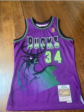 Mitchell & Ness Purple and Green Milwaukee Bucks #34 Jersey